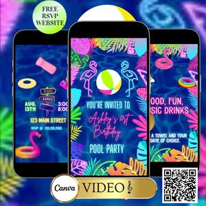 May include: Three smartphones displaying a pool party invitation. The invitation features neon graphics of flamingos, a beach ball, and tropical foliage. Text includes "You're Invited to Ashley's 21st Birthday Pool Party."
