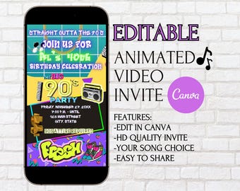 90s video invite editable Hip Hop editable evite 80s throwback birthday evite 2000s House Party digital boombox graffiti animated invitation