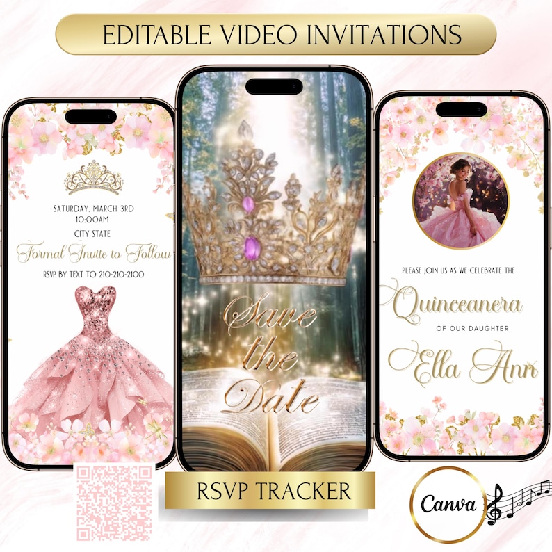 Quinceañera invitation with elegant pink floral design, sparkling ball gown artwork, and golden crown accents. A digital Sweet 15 party invitation perfect for milestone celebrations, family gatherings, or save-the-date announcements. Stylish, modern, and easy to share online, this quince invitation creates a memorable way to invite guests to her big day.