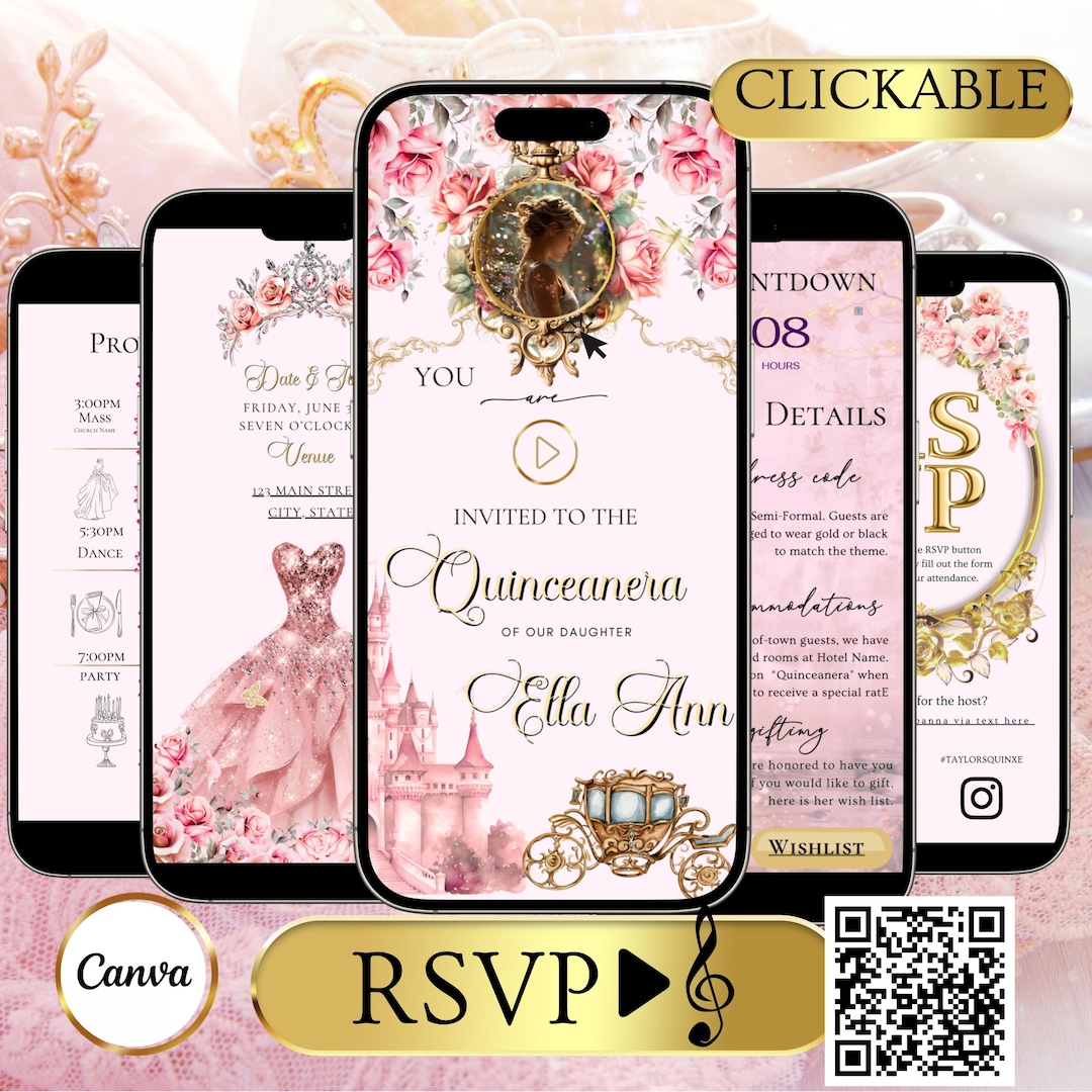 Quinceanera Invitation Website Blush Pink Sweet 15 Editable Birthday ...