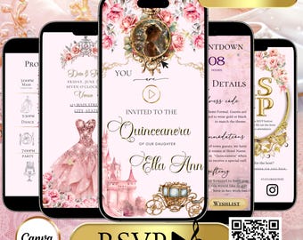 Quinceanera Invitation Website Blush Pink Sweet 15 Editable Birthday Invite Quinceañera Party Template Clickable RSVP Instant Download