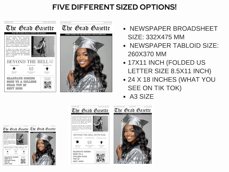 Create a memorable keepsake with our editable 2025 Graduation newspaper template! Personalize headlines, photos, achievements, and future plans to celebrate your graduate’s journey. Perfect for announcements, party decor, or a unique gift. Download, edit, and print easily!