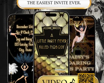Great Gatsby Video Invitation, Roaring 20s animated evite, Speakeasy Invite, Flapper Girl Costume Party, Mobile phone mp4 music and RSVP