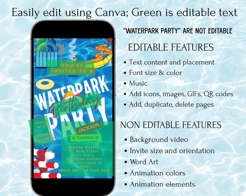 Waterpark invite editable video template splash party animated evite canva swim summer birthday digital mp4 instant download Water park