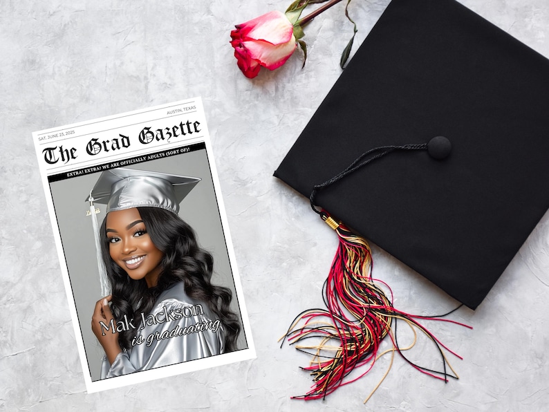 Create a memorable keepsake with our editable 2025 Graduation newspaper template! Personalize headlines, photos, achievements, and future plans to celebrate your graduate’s journey. Perfect for announcements, party decor, or a unique gift. Download, edit, and print easily!