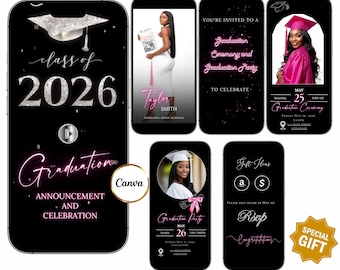 Class of 2026 graduation party invite website editable video template announcement digital photo invitation black silver pink RSVP and Music