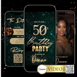 May include: Three smartphone screens showing a birthday party invitation. The central screen reads "Join us for a 50th Birthday Party in honour of Dionna." The design features gold text on a dark green background with a photo of a woman.