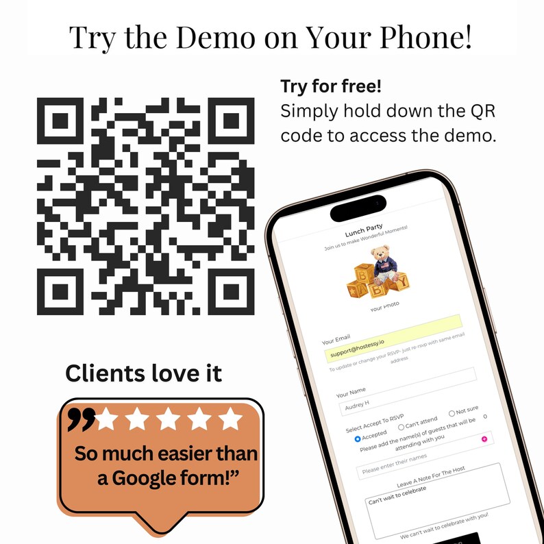 May include: A smartphone displays a digital form with a teddy bear graphic, next to a QR code. Text reads "Try the Demo on Your Phone!" and "Clients love it. So much easier than a Google form!"