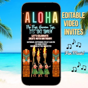 Luau Video Invitation, Hawaiian Party Invite, Tropical Themed, Canva Template, Editable Invite, Instant Download, Digital Evite, Text Invite