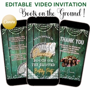 Boots Birthday Video Invitation Boots on the Ground Editable Template Handheld Fan Animated Canva Line Dance Party Evite MP4 text with music