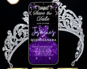 Purple Quinceañera Invitation Video Princess Sweet 15 Girls Sweet 16 Birthday Invite Animated Quince Años Save The Date with RSVP
