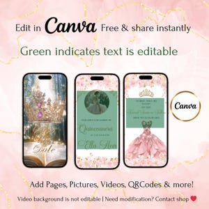 May include: Three smartphone mockups displaying Canva templates for quincea&ntilde;era invitations. The designs feature a gold crown, a quincea&ntilde;era in a dress, and a pink dress. Text includes "Save the Date" and "Quincea&ntilde;era".