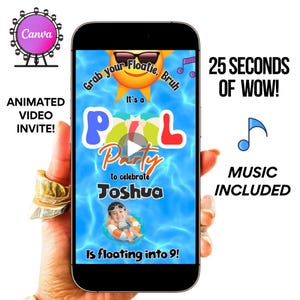 May include: Animated video invitation for a pool party to celebrate Joshua turning 9. The invitation features a cartoon sun wearing sunglasses, a pool party sign, and a photo of Joshua in a pool float. The text on the invitation reads "Grab your Floatie, Bruh! It's a Pool Party to celebrate Joshua is floating into 9!"