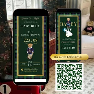 Polo Bear baby shower interactive website invitation featuring preppy green and navy plaid, gold accents, and animated bear graphics. Includes RSVP button, countdown timer, diaper raffle, books for baby, registry links, and event details. Fully editable Canva template optimized for mobile viewing. Perfect for luxury baby boy showers and preppy Ralph Lauren–inspired celebrations.