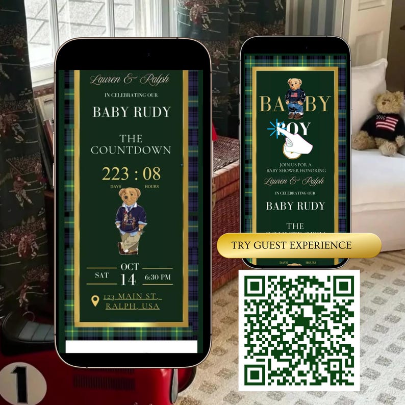 Polo Bear baby shower interactive website invitation featuring preppy green and navy plaid, gold accents, and animated bear graphics. Includes RSVP button, countdown timer, diaper raffle, books for baby, registry links, and event details. Fully editable Canva template optimized for mobile viewing. Perfect for luxury baby boy showers and preppy Ralph Lauren–inspired celebrations.