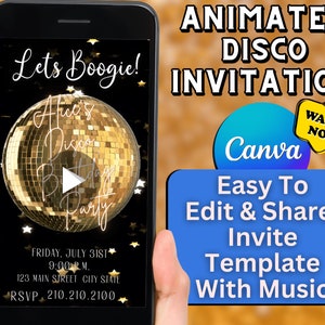 Gold Disco Video Invitation, 70's Party Video Invite, Canva Template, Editable Invite, Instant Download, Digital Evite, Text Invitation