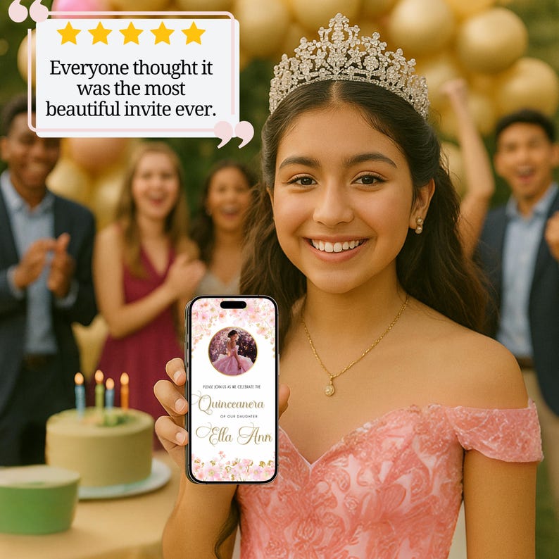 May include: A young woman in a tiara and pink dress displays a smartphone showing a Quincea&ntilde;era invitation. The invitation has a floral design and reads "Quincea&ntilde;era of our daughter Ella Ann." A review bubble says, "Everyone thought it was the most beautiful invite ever."