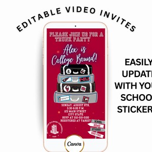 Invitación de video editable para despedida universitaria, plantilla de Canva para fiesta de graduación en baúl rojo granate, invitación animada digital de despedida para mudanza a la residencia universitaria