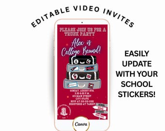 Invito video modificabile per la festa di addio al college, modello Canva per la festa di laurea con baule rosso bordeaux, invito animato per il trasloco in dormitorio digitale
