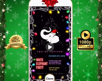 Puede incluir: Una pantalla de teléfono inteligente muestra una invitación a una fiesta navideña. La invitación presenta un elefante blanco con un gorro de Papá Noel, rodeado de luces de cadena. El texto incluye "White Elephant Party" y detalles del evento. También se ve un lazo rojo y una insignia de "Best Quality Guaranteed".
