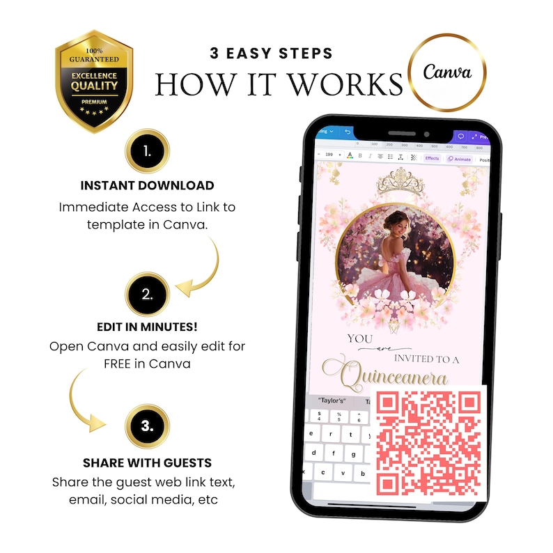 Quinceanera Digital Invitation Sweet 15 Editable Birthday Invite Quinceañera Party Template Clickable RSVP Online Form Instant Download