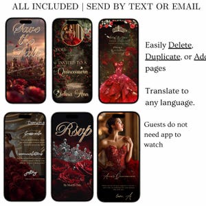 May include: Six smartphones showcasing digital Quincea&ntilde;era invitations. The designs include red roses, a sparkling red gown, and text such as "Save the Date," "RSVP," and event details. The invitations are sent by text or email.