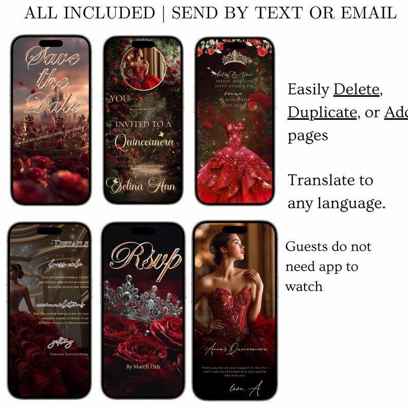 May include: Six smartphones showcasing digital Quincea&ntilde;era invitations. The designs include red roses, a sparkling red gown, and text such as "Save the Date," "RSVP," and event details. The invitations are sent by text or email.