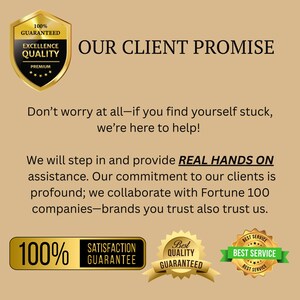 May include: A tan graphic with the text "OUR CLIENT PROMISE" and several gold seals. The seals read "100% Guaranteed Excellence Quality Premium", "100% Satisfaction Guarantee", and "Best Quality Guaranteed".