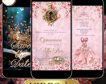 Quinceañera Invitation Video Pink Floral Sweet 15 16 Girls Birthday Digital Invite Animated Quince Años Royal Save The Date RSVP Tracker