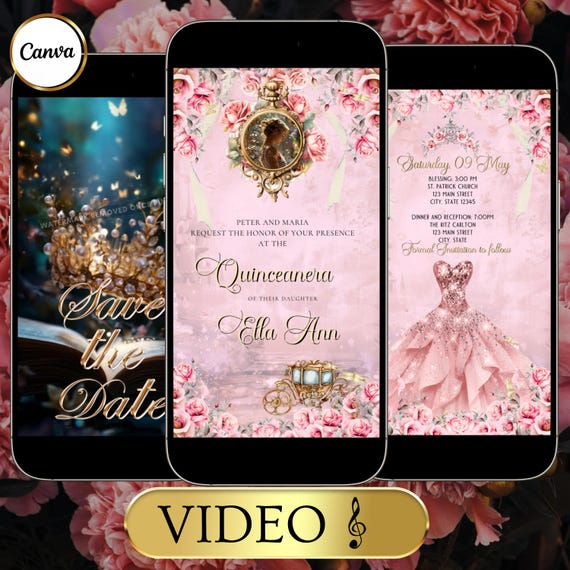 Pink Quinceañera Invitation Video Floral Sweet 15 16 Girls Birthday Digital Invite Animated Quince Años Royal Save The Date RSVP Tracker