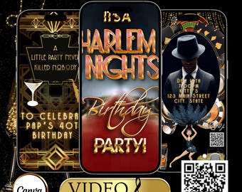 Harlem Nights Birthday Video Invitation | 1920s Gatsby Editable Canva Evite | Roaring 20s Party Digital Invite | Jazz Theme Celebration