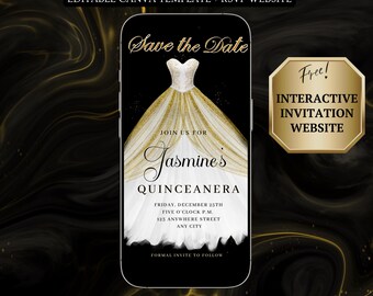 White and Gold Quinceañera Video Invitation Digital RSVP Editable Template Sweet 15 16 Save the Date Evite Mis Quince Anos Canva Download