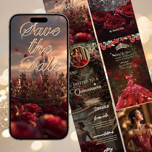 Red Roses Video Invitation Rose Quinceanera Sweet 15 16 Birthday Digital Invite Animated Quince Años Red Mobile Save The Date RSVP Evite