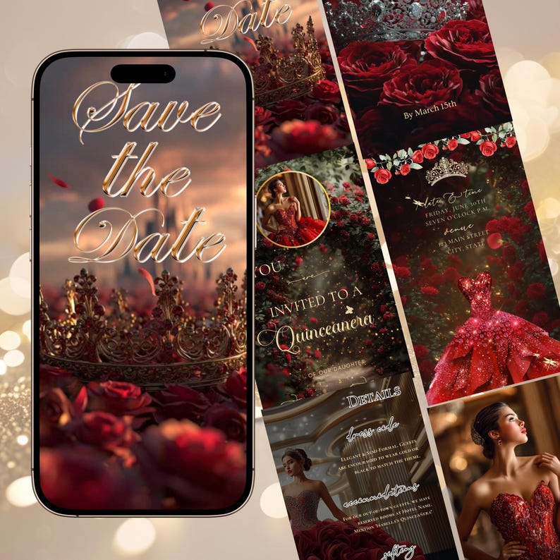 Red Roses Video Invitation Rose Quinceanera Sweet 15 16 Birthday Digital Invite Animated Quince Años Red Mobile Save The Date RSVP Evite
