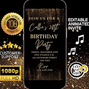 Invito video scintillante con glitter oro, modificabile, invito per feste di lusso, invito digitale per eventi eleganti e glamour, invito animato per celebrazioni personalizzate
