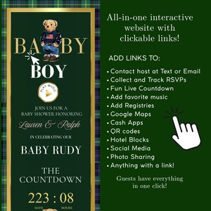 Polo Bear baby shower interactive website invitation featuring preppy green and navy plaid, gold accents, and animated bear graphics. Includes RSVP button, countdown timer, diaper raffle, books for baby, registry links, and event details. Fully editable Canva template optimized for mobile viewing. Perfect for luxury baby boy showers and preppy Ralph Lauren–inspired celebrations.