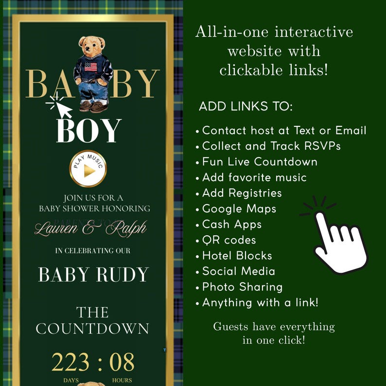Polo Bear baby shower interactive website invitation featuring preppy green and navy plaid, gold accents, and animated bear graphics. Includes RSVP button, countdown timer, diaper raffle, books for baby, registry links, and event details. Fully editable Canva template optimized for mobile viewing. Perfect for luxury baby boy showers and preppy Ralph Lauren–inspired celebrations.