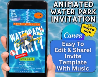 Water Park Birthday Video Invitation: Editable Canva Template (Digital Evite)
