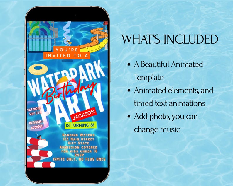 Waterpark invite editable video template splash party animated evite canva swim summer birthday digital mp4 instant download Water park