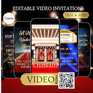May include: A collection of five smartphone screens displaying editable video invitations. The invitations feature themes like a red carpet, Hollywood, and a starry night. Text includes "Lights Camera Celebrated" and "Track RSVP".