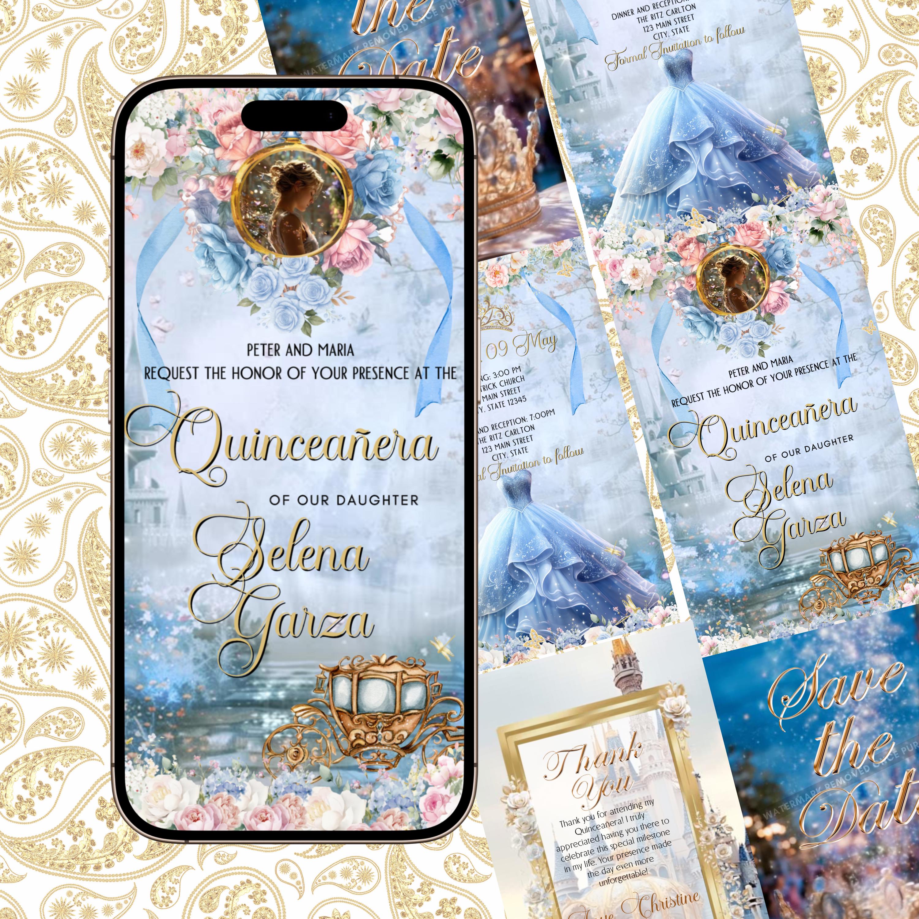 Editable Quinceañera Video Invitation Template | Light Blue Blue Dress ...