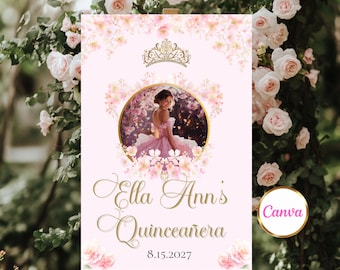 Editable Quinceañera Welcome Sign, Sweet 16 Party Sign with Photo, Any Size Instant Digital Canva Template, Elegant Floral Pink Gold Design