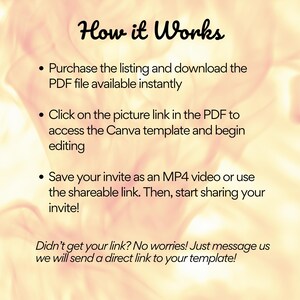 May include: How it Works: A text-based graphic with instructions on how to purchase, download, and edit a Canva template. The instructions include purchasing a listing, downloading a PDF file, clicking on a picture link in the PDF, accessing the Canva template, editing the template, saving the invite as an MP4 video or using a shareable link, and sharing the invite. The graphic also includes a message about contacting the seller if the buyer doesn't receive a link.