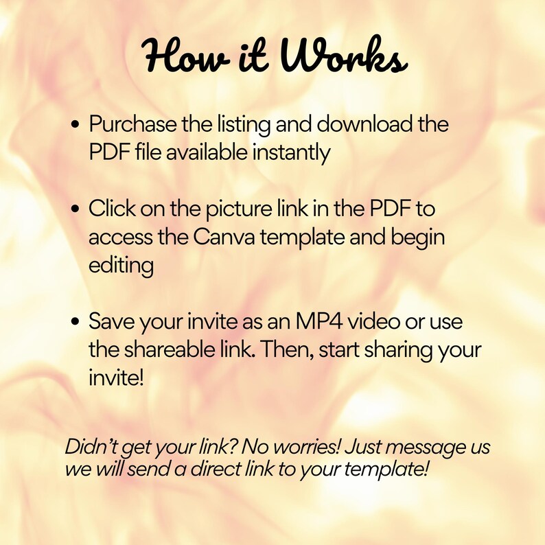 May include: How it Works: A text-based graphic with instructions on how to purchase, download, and edit a Canva template. The instructions include purchasing a listing, downloading a PDF file, clicking on a picture link in the PDF, accessing the Canva template, editing the template, saving the invite as an MP4 video or using a shareable link, and sharing the invite. The graphic also includes a message about contacting the seller if the buyer doesn't receive a link.