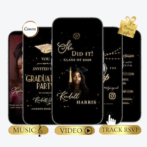 Puede incluir: Una serie de pantallas de teléfonos inteligentes negras con texto y gráficos dorados. Las pantallas muestran invitaciones a una fiesta de graduación con el texto "She Did It! Class of 2026" y "Kendall Harris". Textos adicionales incluyen "Graduate Party" y "Track RSVP".