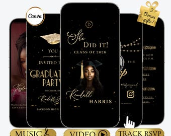 Zaproszenie cyfrowe na rok 2026 z modułem śledzenia RSVP. Edytowalny szablon zaproszenia na uroczystość ukończenia szkoły. Natychmiastowe pobranie. Strona internetowa z zaproszeniem na przyjęcie dla absolwentów.