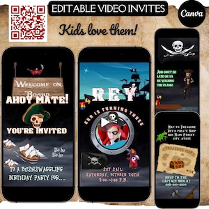 Modèle modifiable d'invitation vidéo pirate, fête d'anniversaire Evite numérique Canva, carte animée du coffre au trésor en or, bateau Aye Aye Ahoy pour garçons