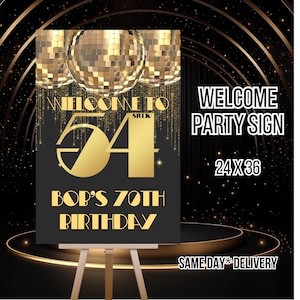 Letrero de discoteca Studio 54, letrero de bienvenida imprimible personalizado para Studio 54, póster de bienvenida de cumpleaños de los 70 con temática de Soul Train, letrero dorado para entrada a discoteca