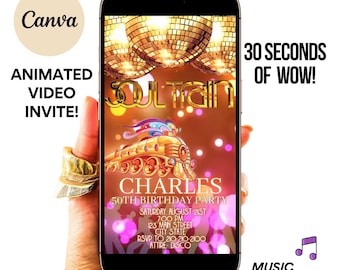 Soul Train Vídeo Invitation Editable animated Disco Ball evite Canva template digital invite studio 54 gold disco train birthday party MP4