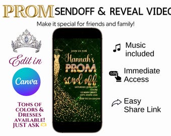 Prom Send-Off Video Digital Invitation Prom Invite for Prom Reveal Formal Green and Gold Dress Elegant Evite Prom Night Invitation Template